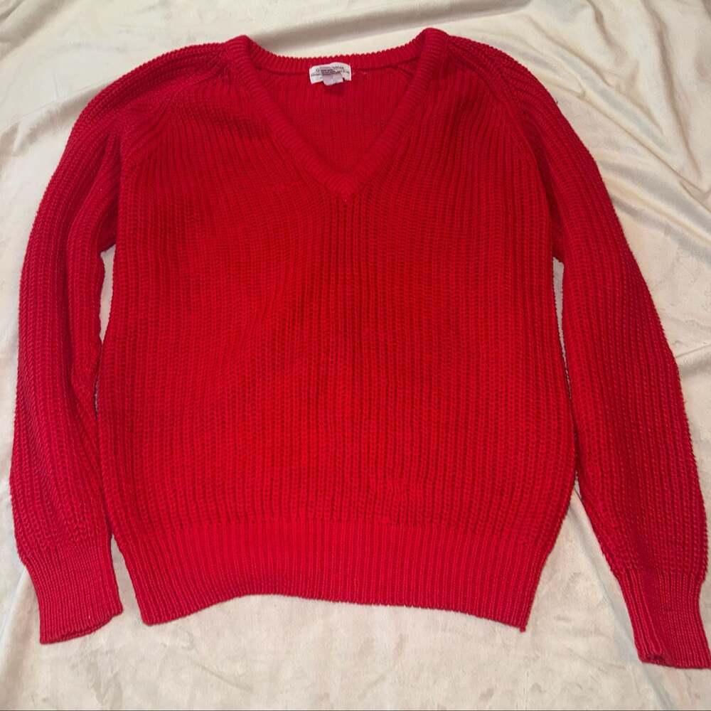 Goudchaux Maison Blanche Red V-Neck Ramie Cotton Blend Sweater